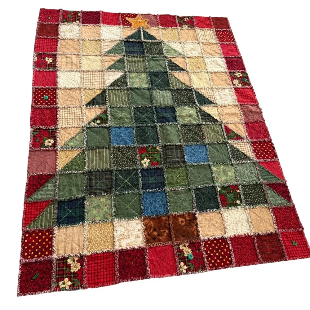 Handmade Christmas Tree Rag Quilt Rustic Holiday Patchwork Throw 50x66